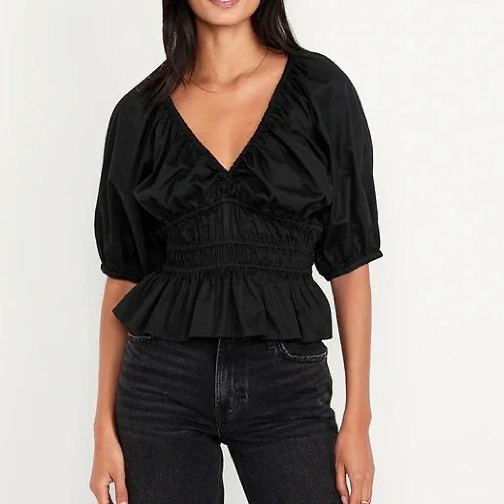 Old Navy Womens Black Cotton Poplin Smocked Peplum Puff Sleeve V-Neck Blouse S